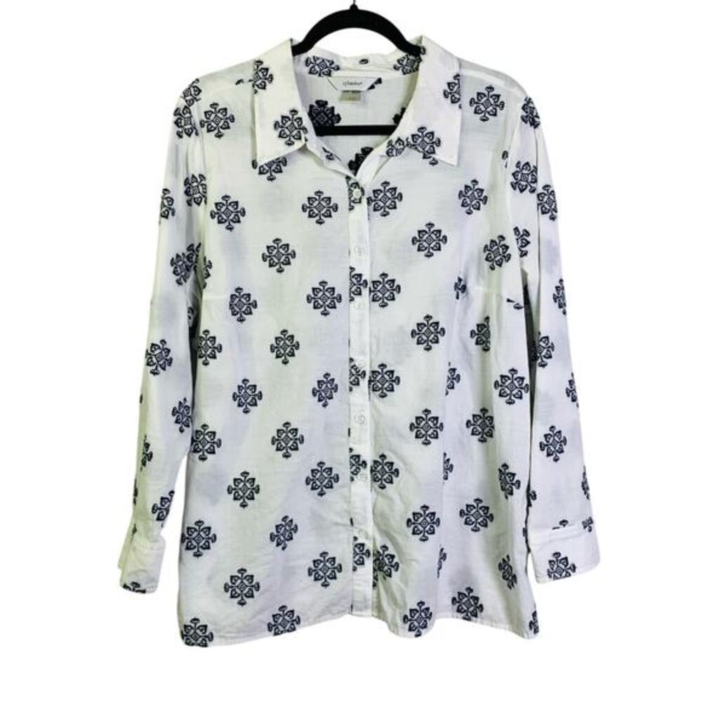 CJ BANKS‎ Blouse Top Button Down Novelty Embroidered Boho Artsy Workwear Preppy
